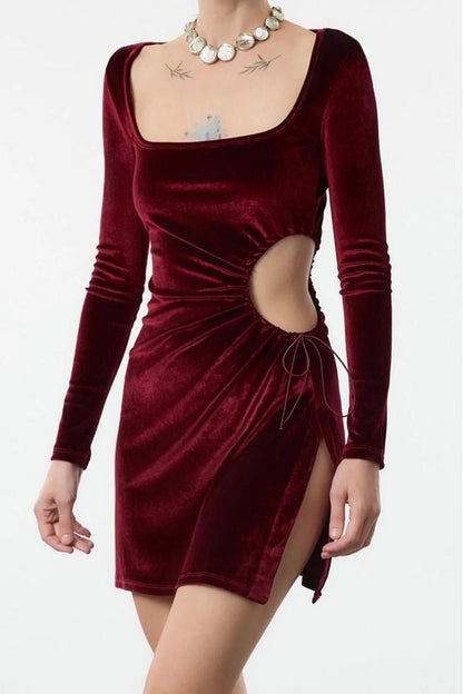 Women Fashion Stylish Mini Length Square Neck Fitted Cut Out Window Detail Velvet Knit Dress