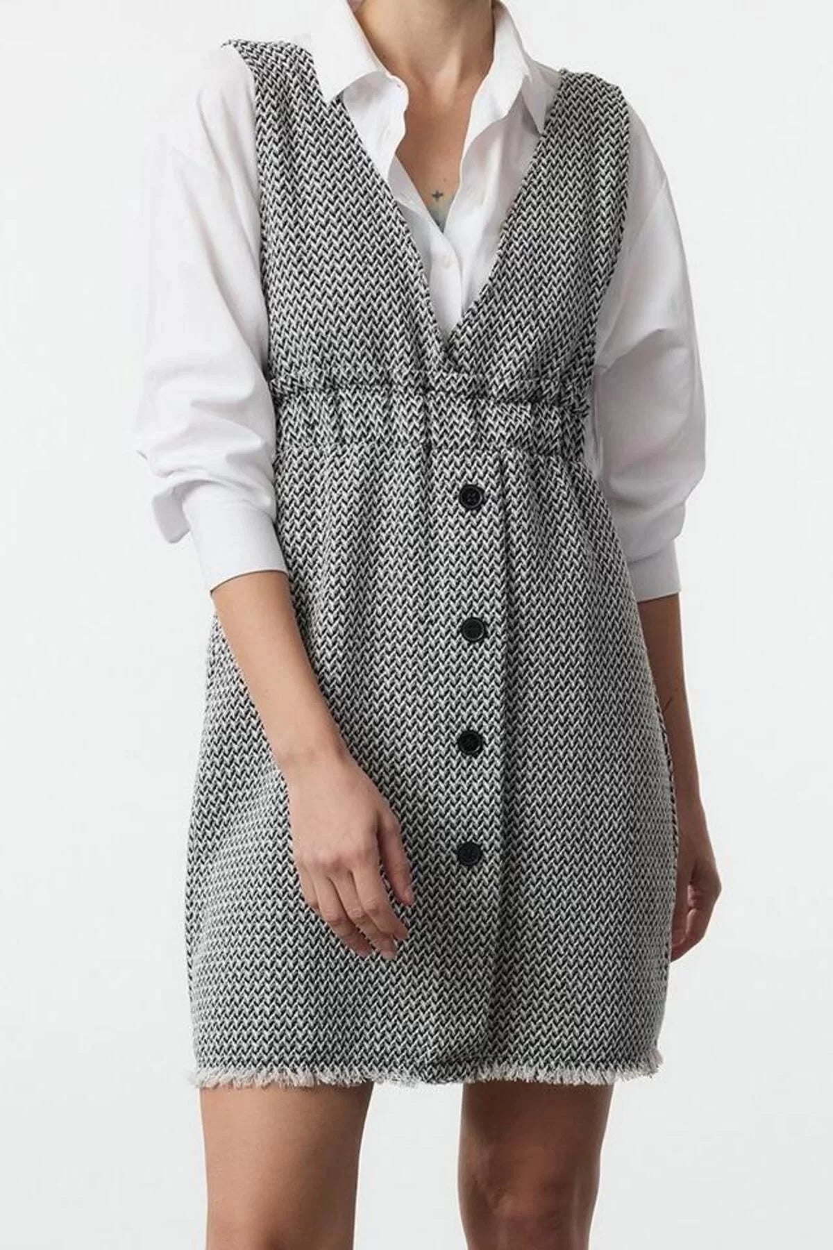 Women Fashion Stylish Mini Length V Neck Regular Tweed Fabric Vest Woven Dress