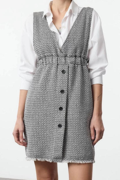 Women Fashion Stylish Mini Length V Neck Regular Tweed Fabric Vest Woven Dress