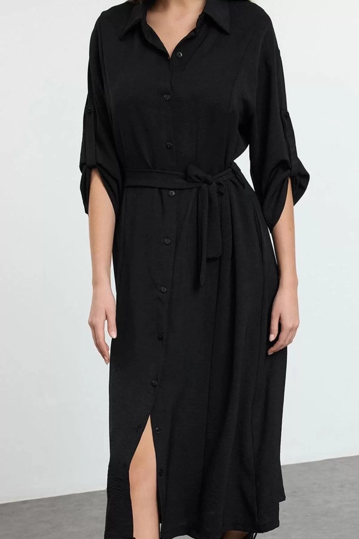 Women Fashion Stylish Midi Length Shirt Collar Relaxed Belted Woven Shirt Dress