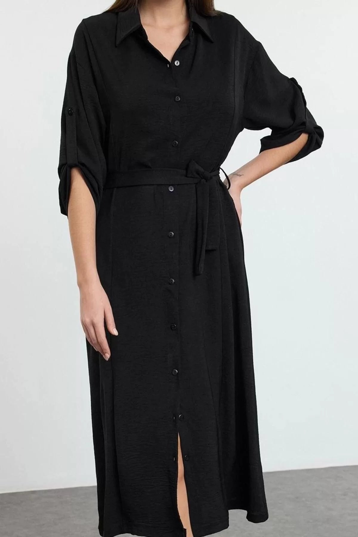 Women Fashion Stylish Midi Length Shirt Collar Relaxed Belted Woven Shirt Dress