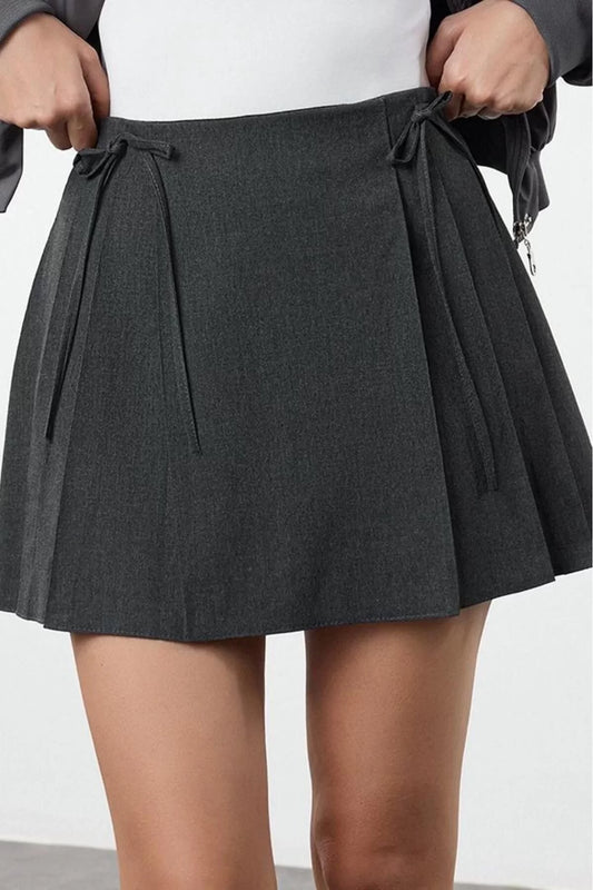 Women's Fashion Style Mini Unlined Woven Pleated and Ribbon Detailed Mini Length Woven Skirt