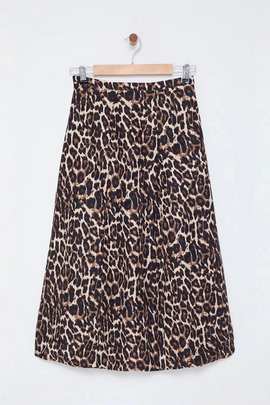 Women Fashion Style Regular Unlined Woven Leopard Balloon Detailed Animal Patterned Maxi Length Woven Skirt