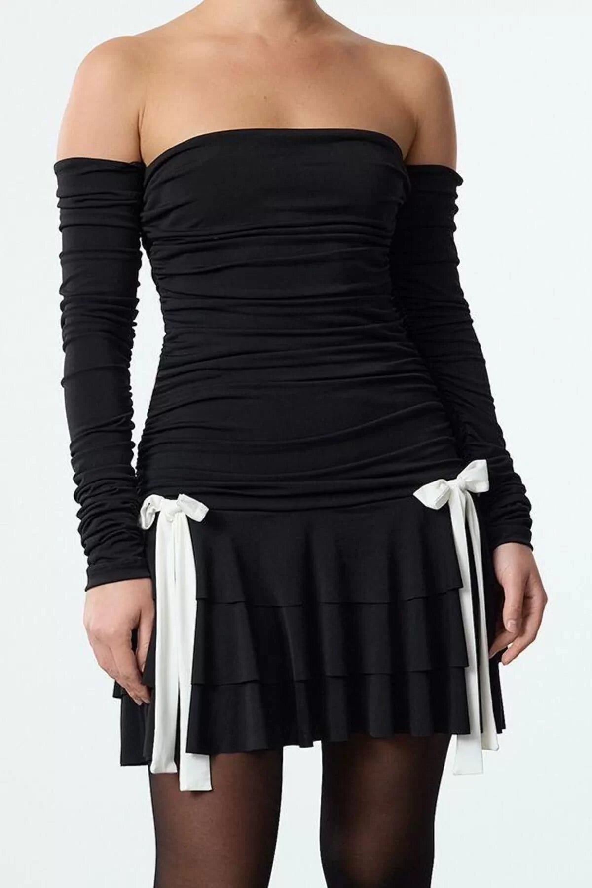 Women Fashion Stylish Mini Length Carmen Collar Fitted Draped Bow Detail Knitted Short Dress