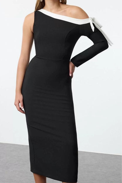 Women Fashion Stylish Maxi Length Asymmetrical Neck Fitted Woven Bow Detailed Chic Evening Dress