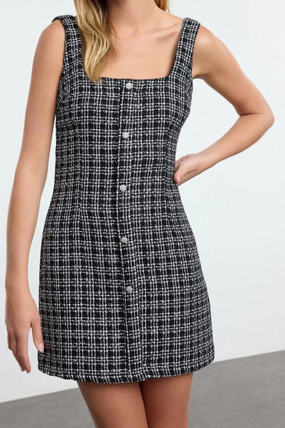 Women Fashion Stylish Mini Length Square Neck Fitted Stone Accessory Glittery Tweed Woven Short Dress