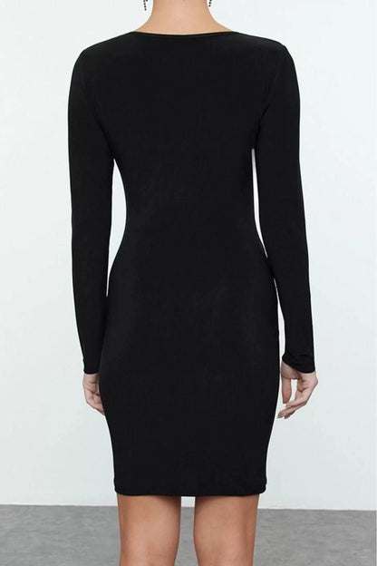 Women Fashion Stylish Mini Length V Neck Fitted Body Knot Detailed Knitted Dress