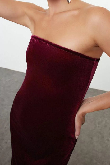 Women Fashion Stylish Midi Length Strapless Fitted Bodycon Velvet Knitted Dress