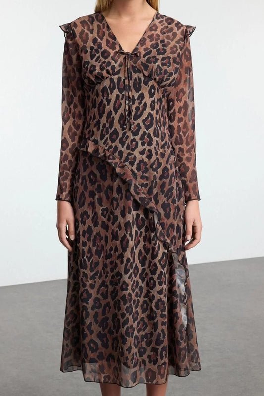 Women Fashion Stylish Midi Length V Neck Fitted Leopard Print Lined Chiffon Woven Dress