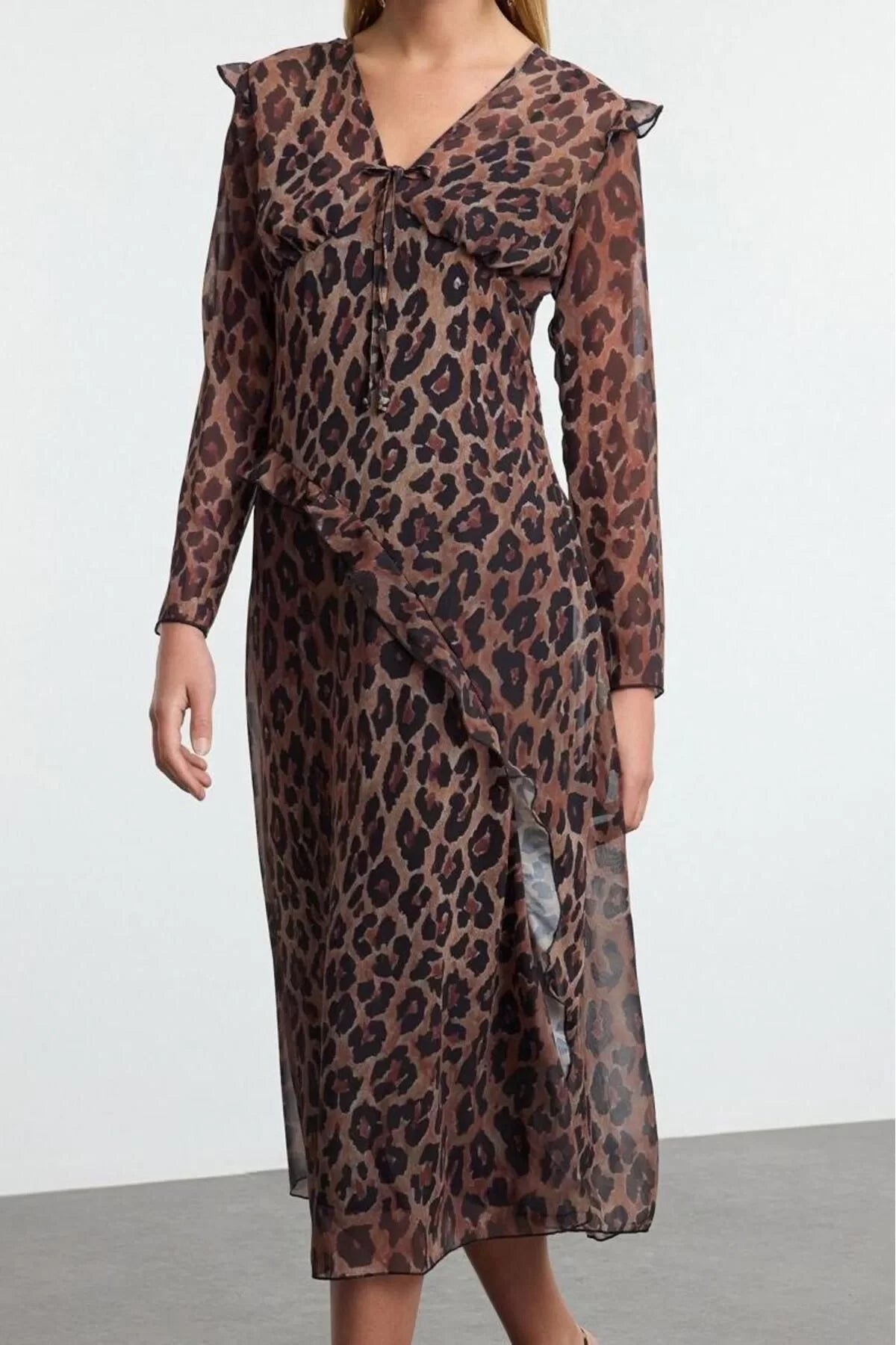 Women Fashion Stylish Midi Length V Neck Fitted Leopard Print Lined Chiffon Woven Dress