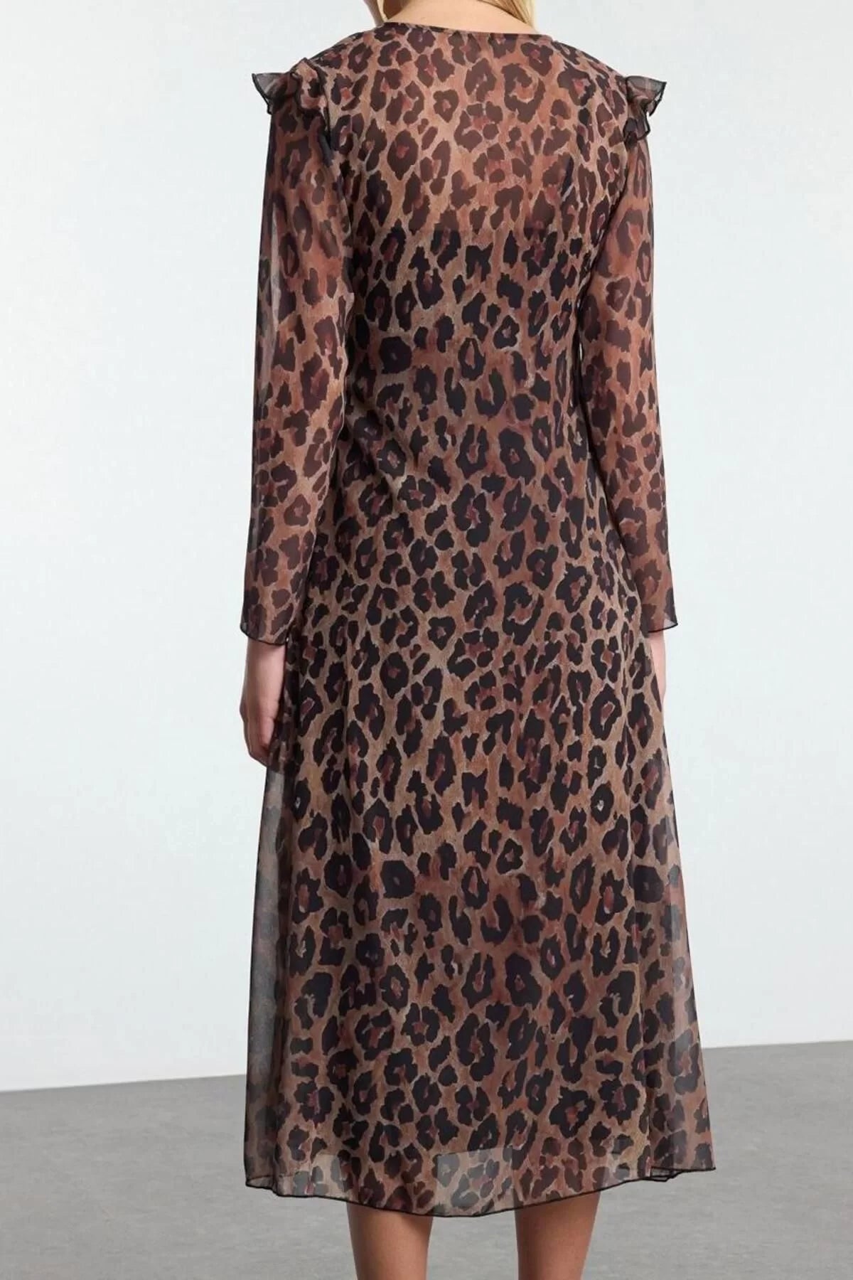 Women Fashion Stylish Midi Length V Neck Fitted Leopard Print Lined Chiffon Woven Dress