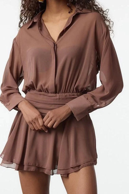 Women Fashion Stylish Mini Length Shirt Collar Fitted A-Line Ruffle Detailed Chiffon Woven Short Dress