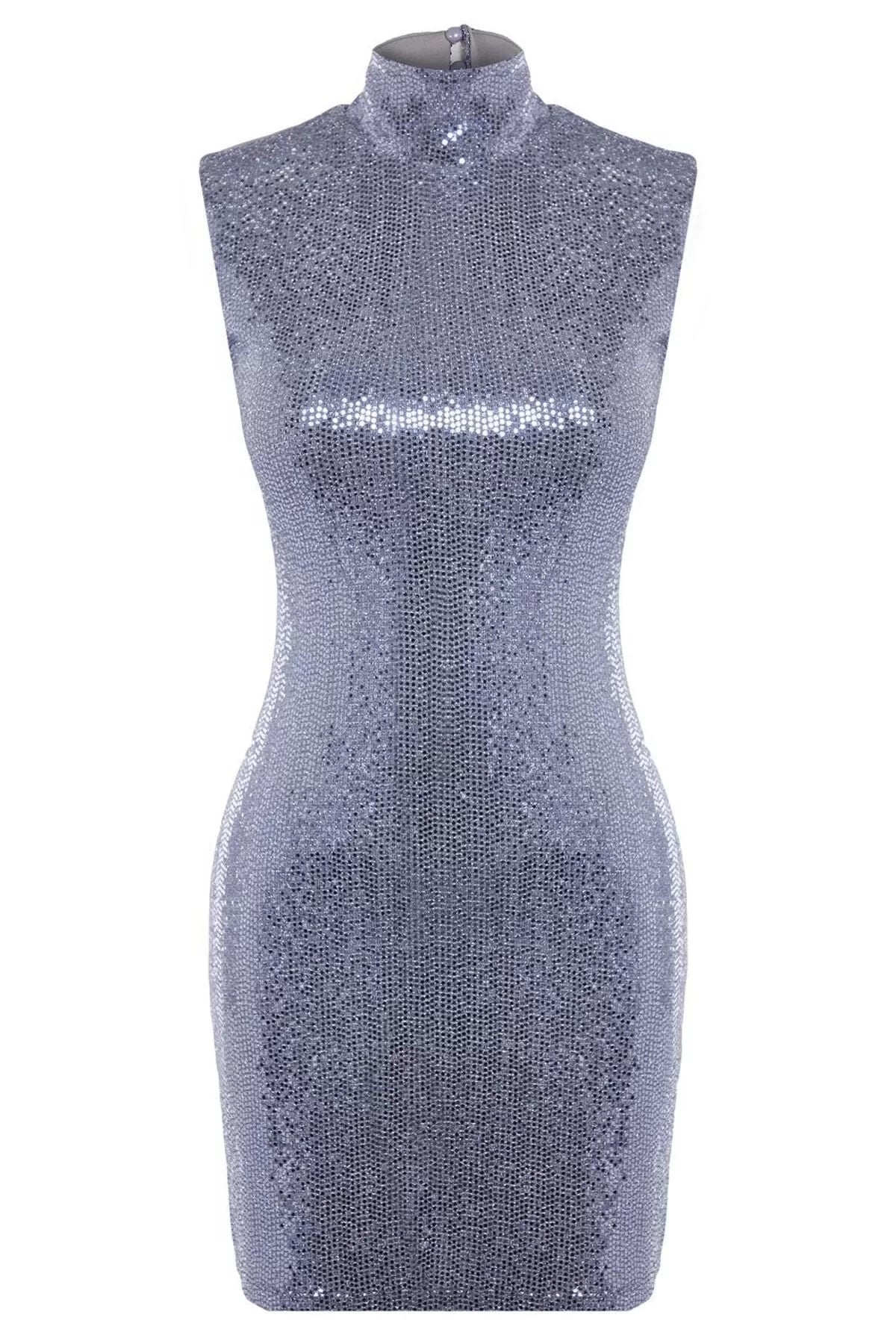 Women Fashion Stylish Mini Length High Neck Fitted Bodycon Glitter Knitted Dress