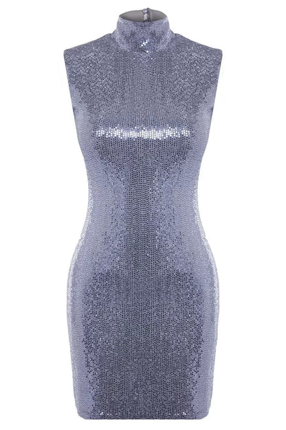 Women Fashion Stylish Mini Length High Neck Fitted Bodycon Glitter Knitted Dress