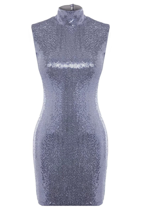 Women Fashion Stylish Mini Length High Neck Fitted Bodycon Glitter Knitted Dress