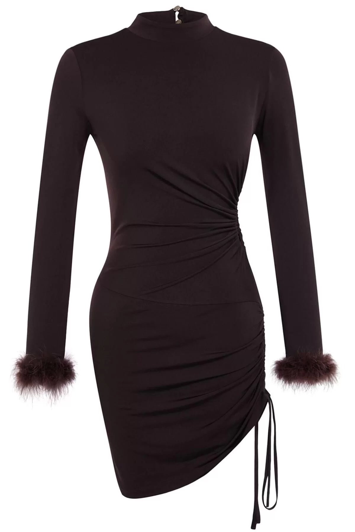 Women Fashion Stylish Mini Length Stand Collar Fitted Knitted Feather Detail Short Dress