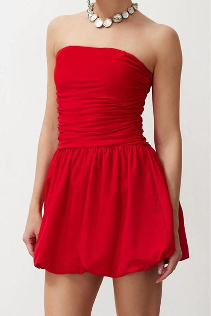 Women Fashion Stylish Mini Length Strapless Fitted A-Line Woven Short Elegant Evening Dress