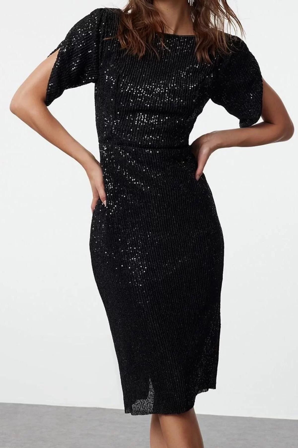 Women Fashion Chic Midi Length Boat Neck Fitted Bodycon Glitter Knitted Sequin Chic Evening Dress