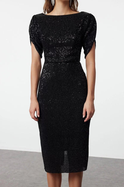 Women Fashion Chic Midi Length Boat Neck Fitted Bodycon Glitter Knitted Sequin Chic Evening Dress