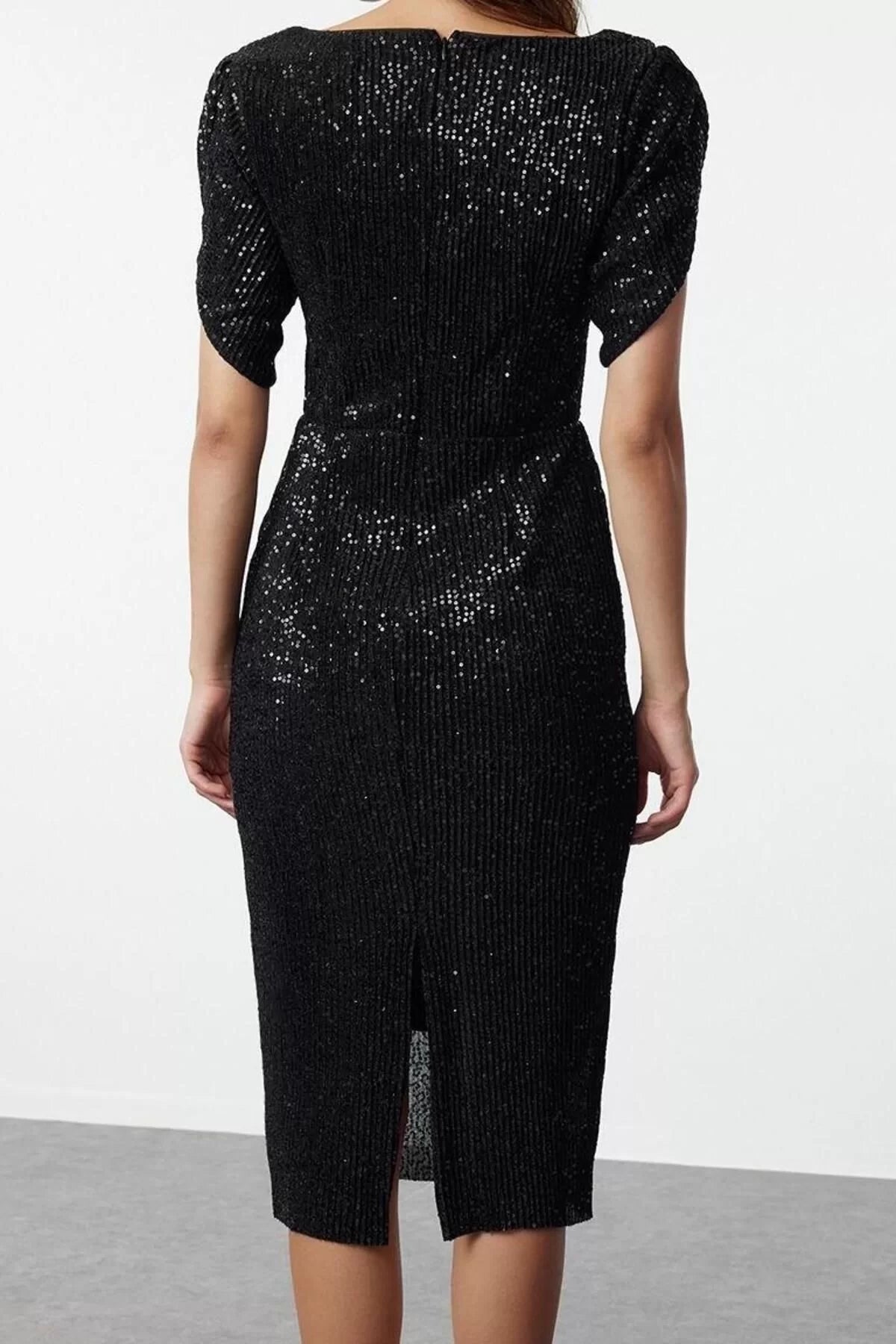 Women Fashion Chic Midi Length Boat Neck Fitted Bodycon Glitter Knitted Sequin Chic Evening Dress