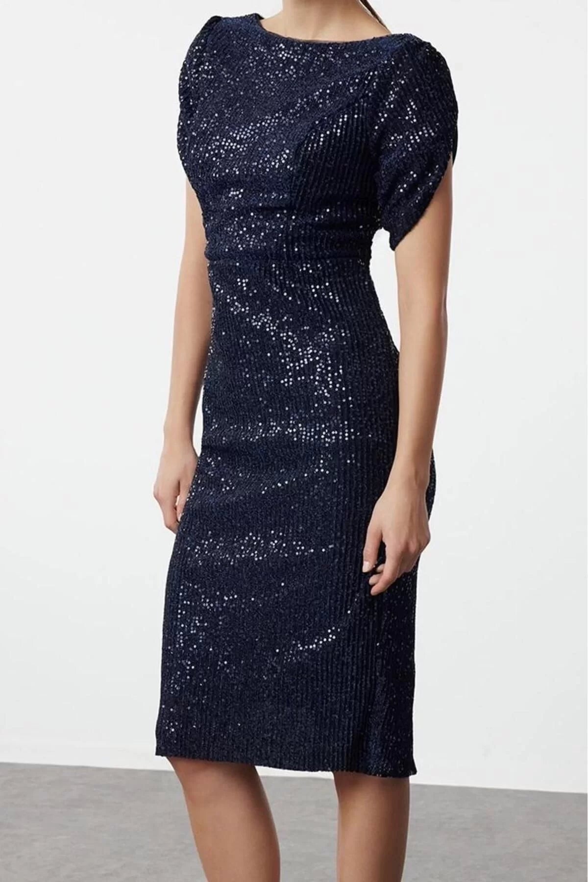 Women Fashion Chic Midi Length Boat Neck Fitted Bodycon Glitter Knitted Sequin Chic Evening Dress