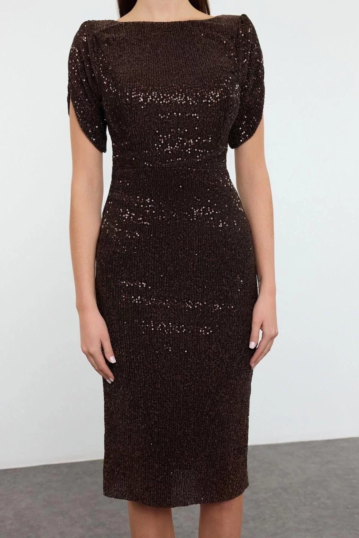 Women Fashion Chic Midi Length Boat Neck Fitted Bodycon Glitter Knitted Sequin Chic Evening Dress