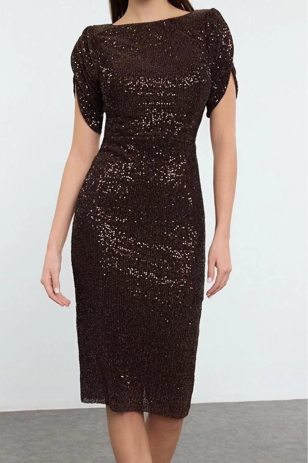 Women Fashion Chic Midi Length Boat Neck Fitted Bodycon Glitter Knitted Sequin Chic Evening Dress