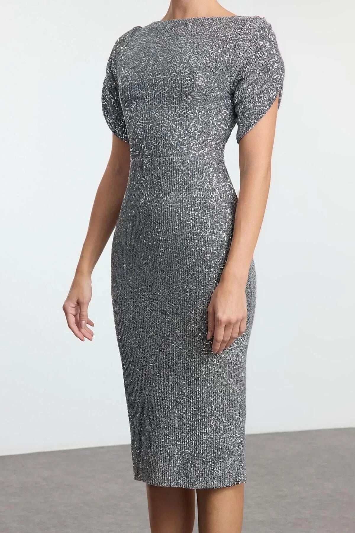 Women Fashion Chic Midi Length Boat Neck Fitted Bodycon Glitter Knitted Sequin Chic Evening Dress