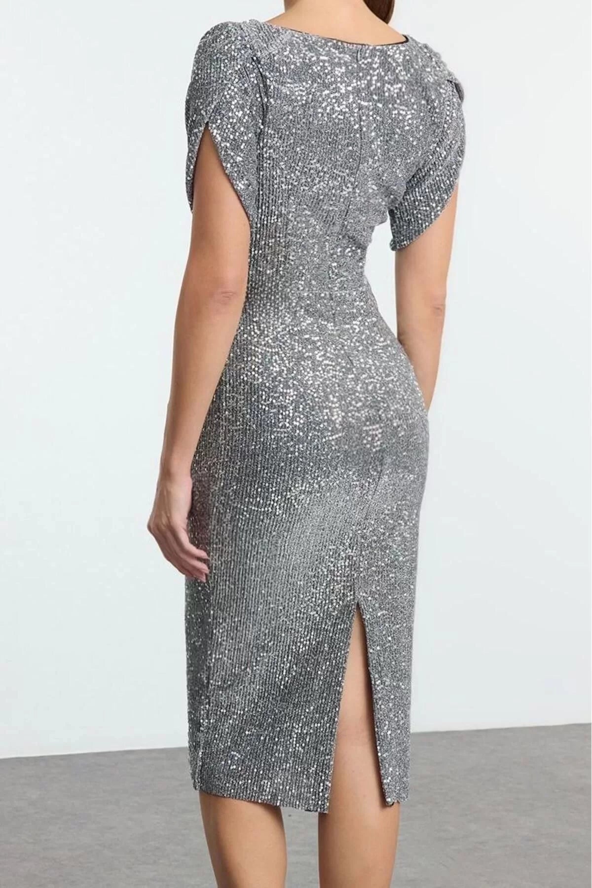 Women Fashion Chic Midi Length Boat Neck Fitted Bodycon Glitter Knitted Sequin Chic Evening Dress