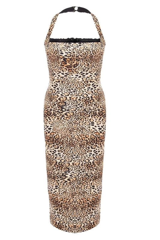 Women Fashion Stylish Midi Length Square Neck Fitted Leopard Printed Bodycon Chic Evening Dress