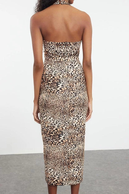 Women Fashion Stylish Midi Length Square Neck Fitted Leopard Printed Bodycon Chic Evening Dress