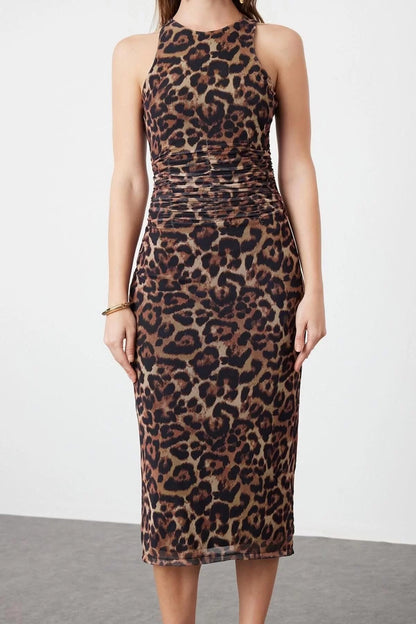 Women's Midi Length Halter Neck Fitted Brown Multicolored Animal Print Leopard Knitted Tulle Evening Dress