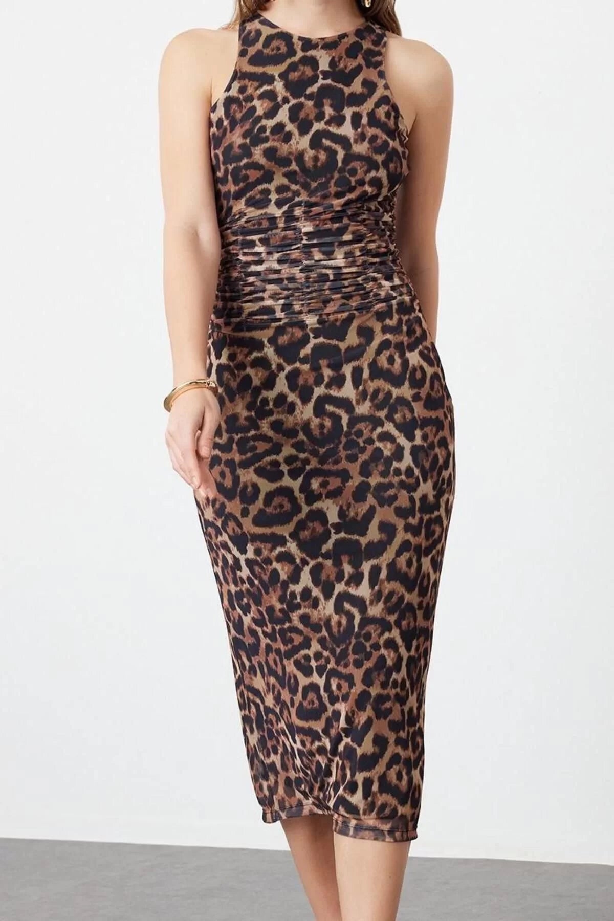 Women's Midi Length Halter Neck Fitted Brown Multicolored Animal Print Leopard Knitted Tulle Evening Dress