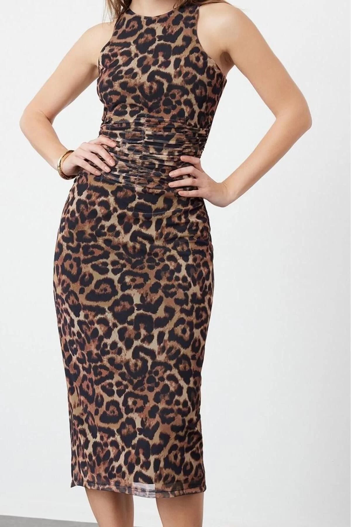 Women's Midi Length Halter Neck Fitted Brown Multicolored Animal Print Leopard Knitted Tulle Evening Dress