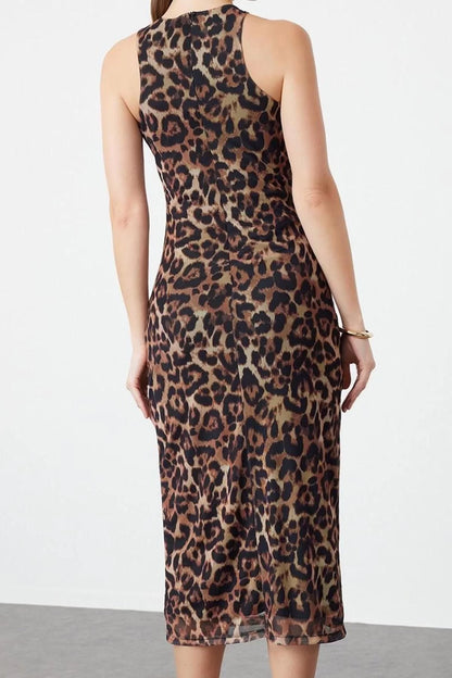 Women's Midi Length Halter Neck Fitted Brown Multicolored Animal Print Leopard Knitted Tulle Evening Dress