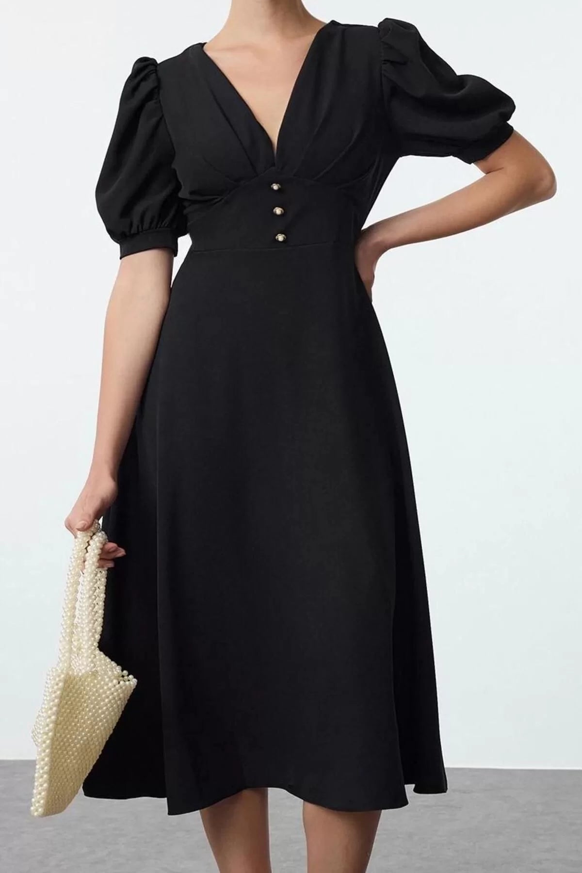 Women Fashion Stylish Midi Length V Neck Fitted Dress