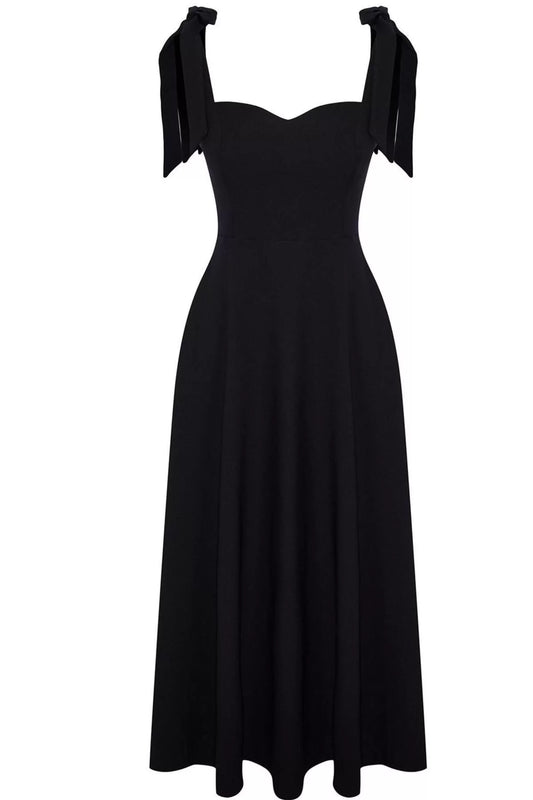 Women Fashion Chic Midi Length Sweetheart Neck Relaxed A-Line Strap Tie Detailed Woven Dress