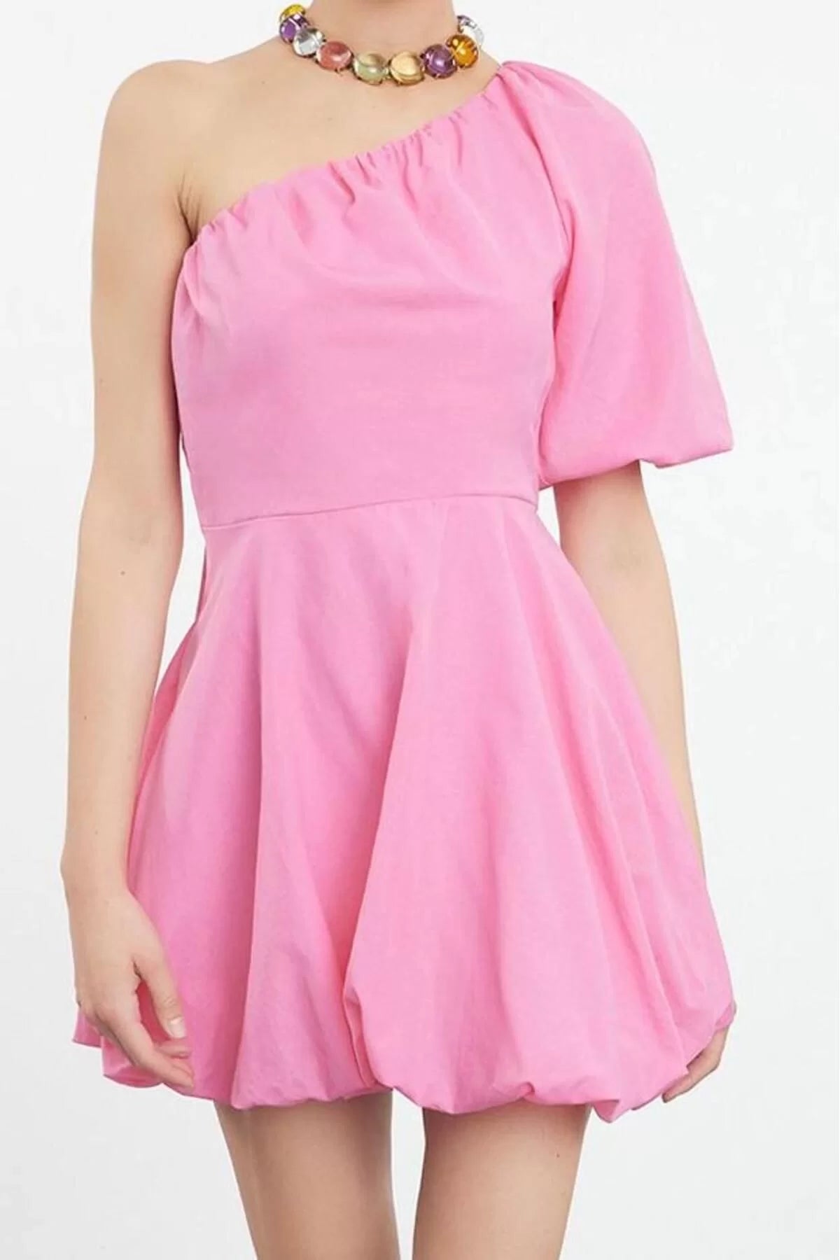 Women's Mini Length Asymmetrical Neck Fitted A-Line Balloon Skirt Detailed One Shoulder Poplin Woven Short Dress