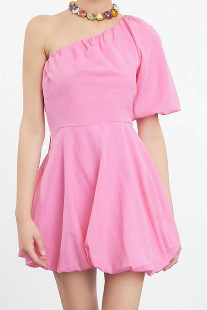 Women's Mini Length Asymmetrical Neck Fitted A-Line Balloon Skirt Detailed One Shoulder Poplin Woven Short Dress