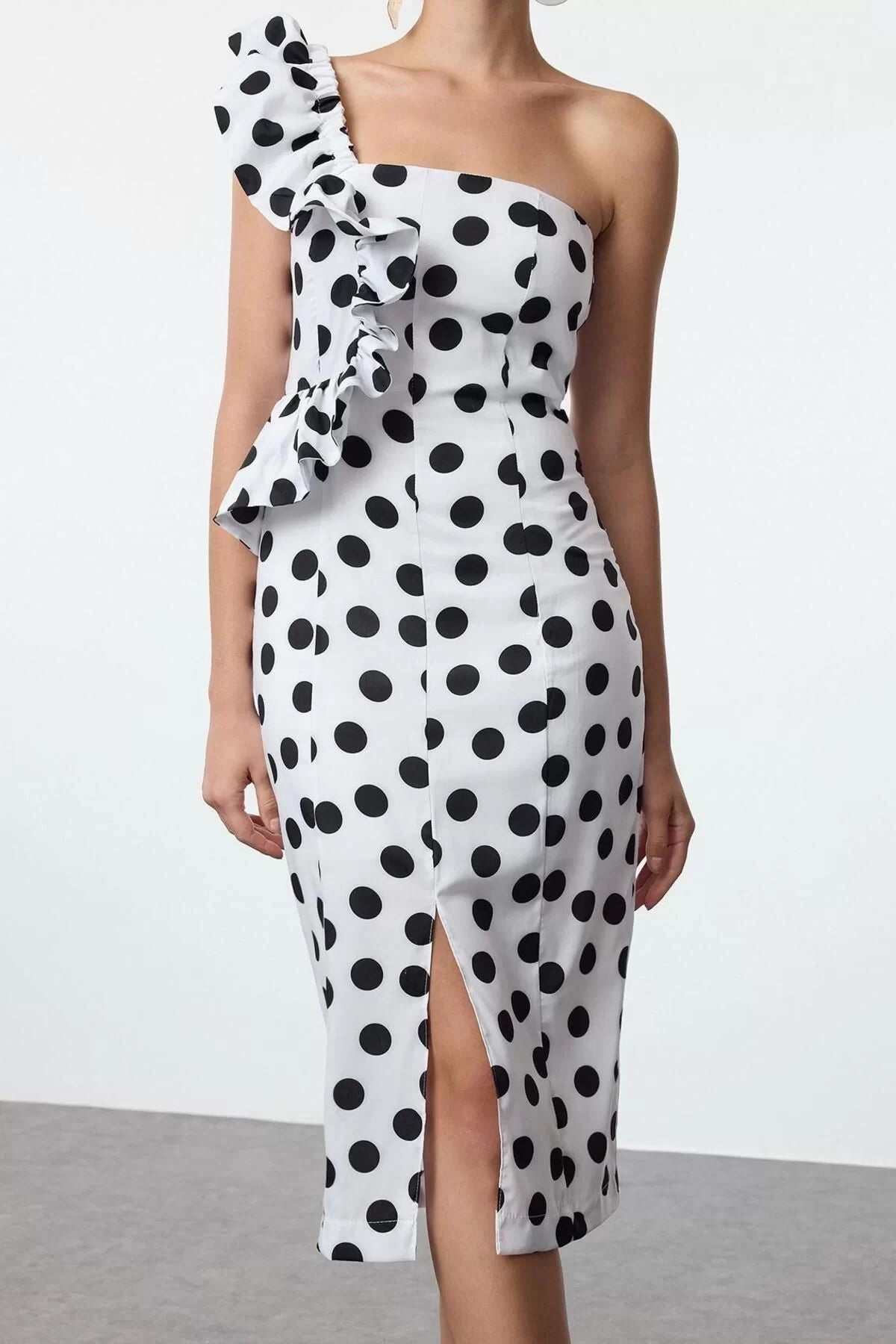 Women's Midi Length Fitted Polka Dot Flounce Detailed Poplin Woven Evening Dress