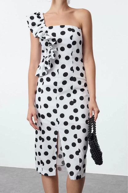 Women's Midi Length Fitted Polka Dot Flounce Detailed Poplin Woven Evening Dress