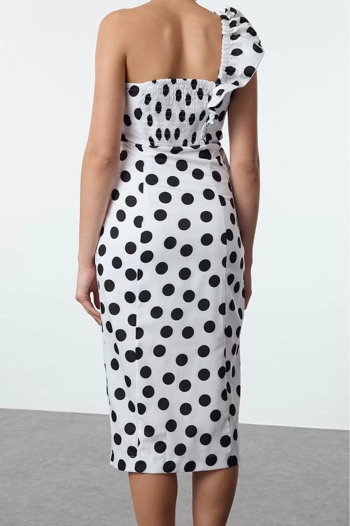 Women's Midi Length Fitted Polka Dot Flounce Detailed Poplin Woven Evening Dress