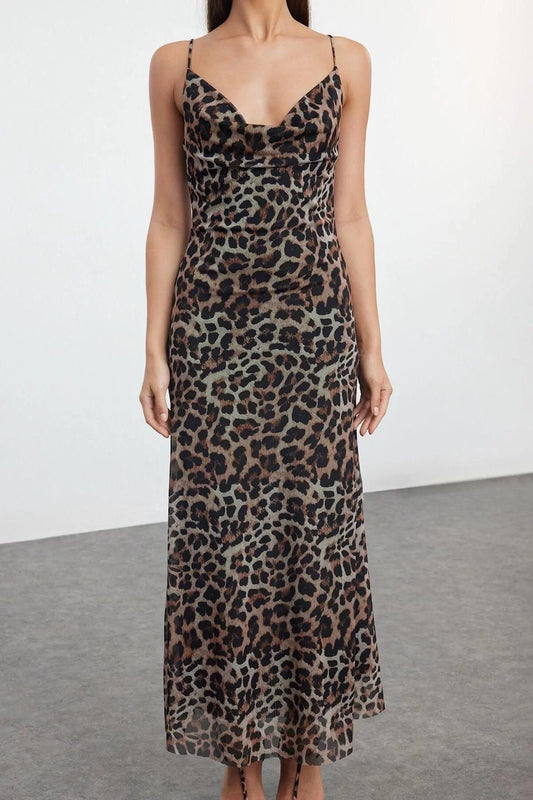 Women Fashion Stylish Midi Length Cowl Neck Fitted Bodycon Lined Leopard Print Tulle Dress