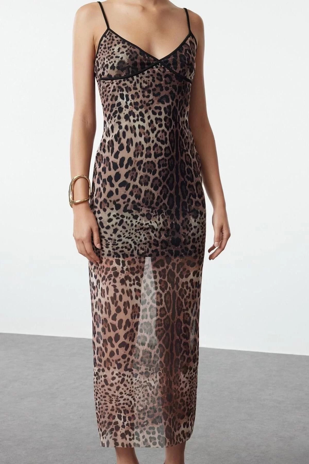 Women Fashion Stylish Midi Length V Neck Fitted Bodycon Leopard Patterned Tulle Woven Dress