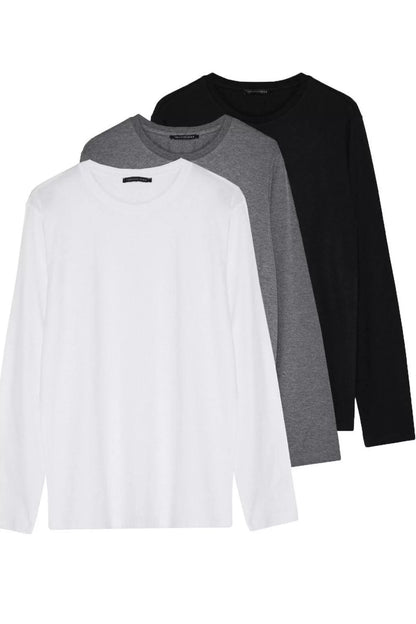 New Season 3-Pack Regular 100% Cotton Crew Neck Long Sleeve Plain Patterned Casual T-Shirt