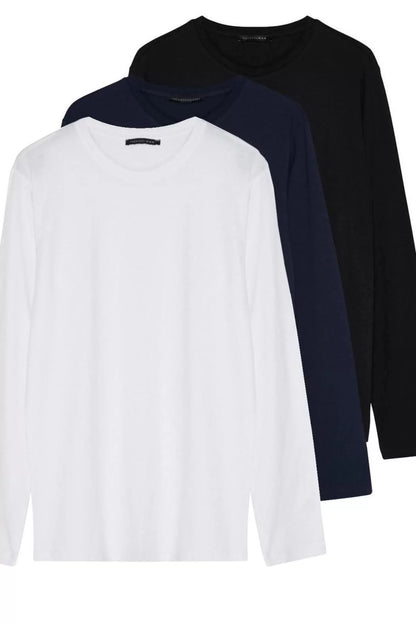 New Season 3-Pack Regular 100% Cotton Crew Neck Long Sleeve Plain Patterned Casual T-Shirt