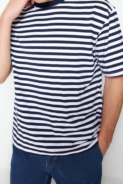 New Season Comfortable Cotton Polyester Crew Neck Short Sleeve Striped Patterned Casual T-Shirt