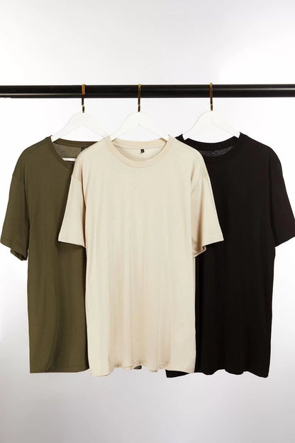 New Season 3-Pack Regular Cotton Crew Neck Short Sleeve Plain Patterned Casual Plus Size T-Shirt