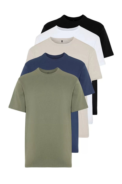 New Season 5-Pack Regular 100% Cotton Crew Neck Short Sleeve Plain Patterned Casual T-Shirt