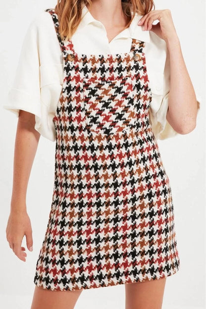 Women Fashion Stylish Mini Length Square Neck Fitted Plaid Checked Vest Woven Dress